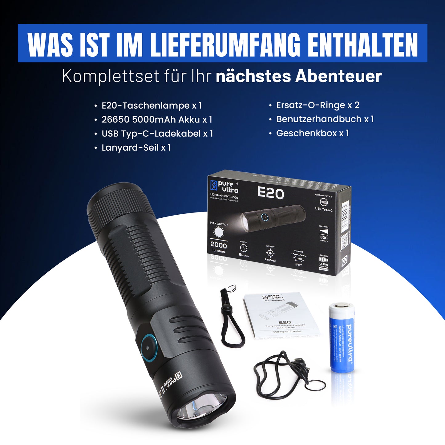 E20 LED Taschenlampe – 2000 Lumen, 300m Reichweite, USB-C Aufladung, IP67 Wasserdicht, 26650 Akku – Kompakte EDC Lampe für Outdoor, Camping & Notfälle