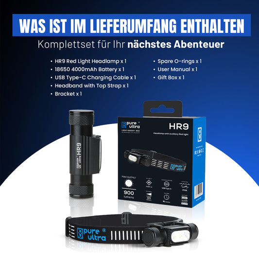 HR9 LED Stirnlampe 900 Lumen | Rotlicht | 18650 4000mAh | USB-C | IP66 Outdoor