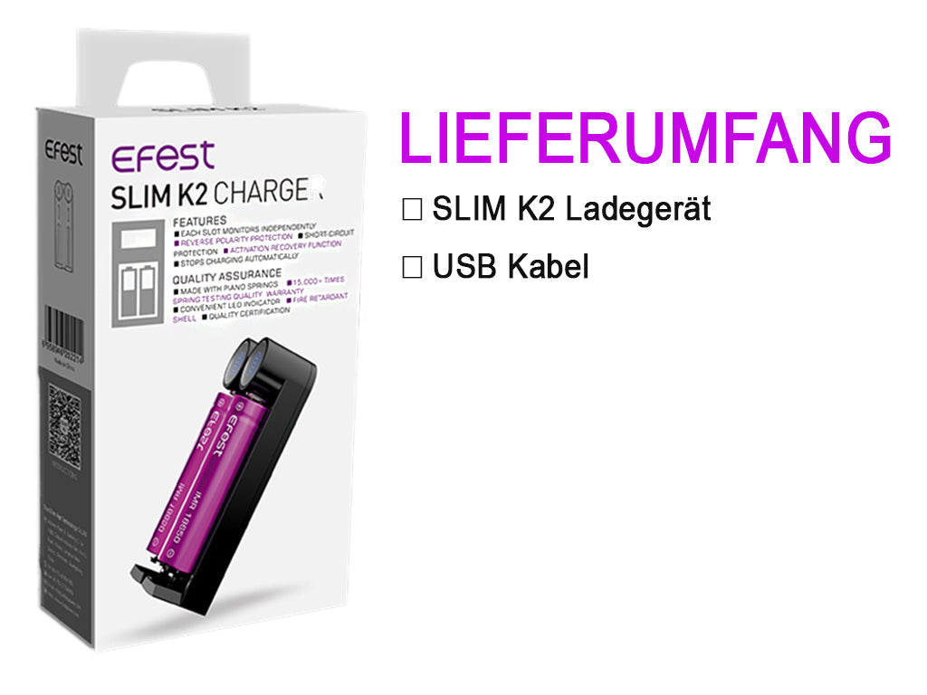 EFEST SLIM K2 Li-Ion Ladegerät – 2-Schacht USB Charger für 18650, 21700, 26650 Akkus – Schnellladefunktion & Verpolungsschutz