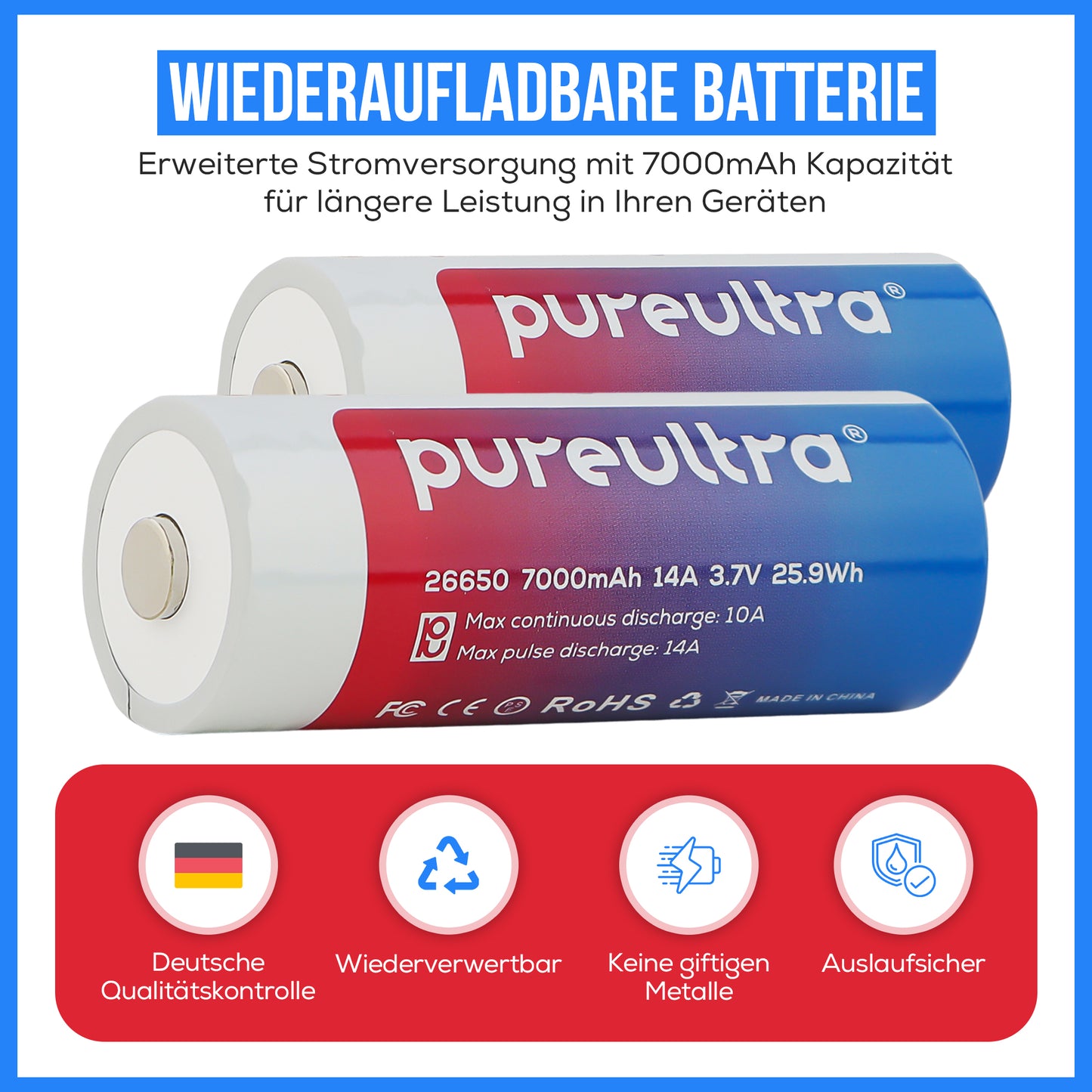 PureUltra 26650 Li-ion Akku 7000mAh | 14A | 3.7V | geschützt | wiederaufladbar