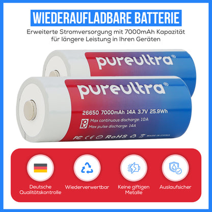 PureUltra 26650 Li-ion Akku 7000mAh | 14A | 3.7V | geschützt | wiederaufladbar
