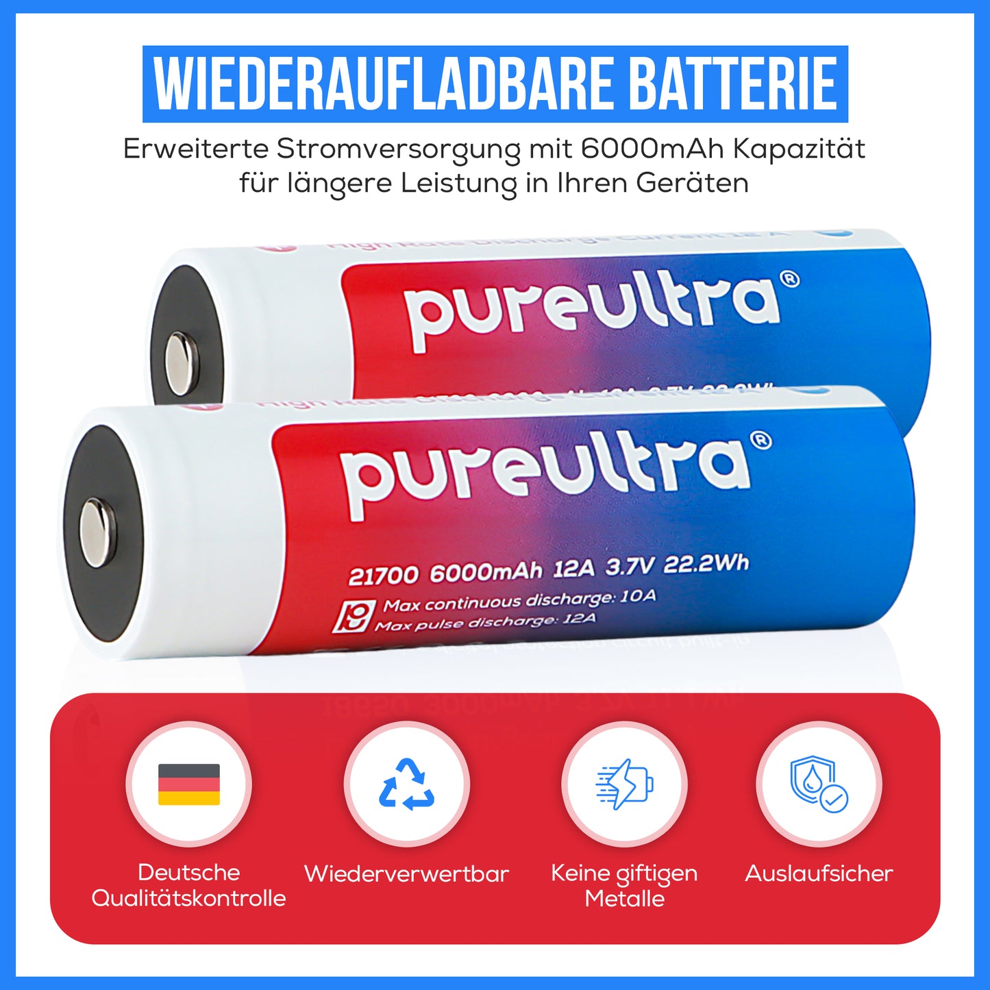 21700 6000mAh 3.7V Li-Ion Akku | Schutzschaltung integriert | 12A High Drain