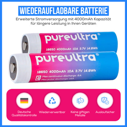 PureUltra 18650 Li-ion Akku – 10A | 4000mAh | 3.7V | geschützt | wiederaufladbar
