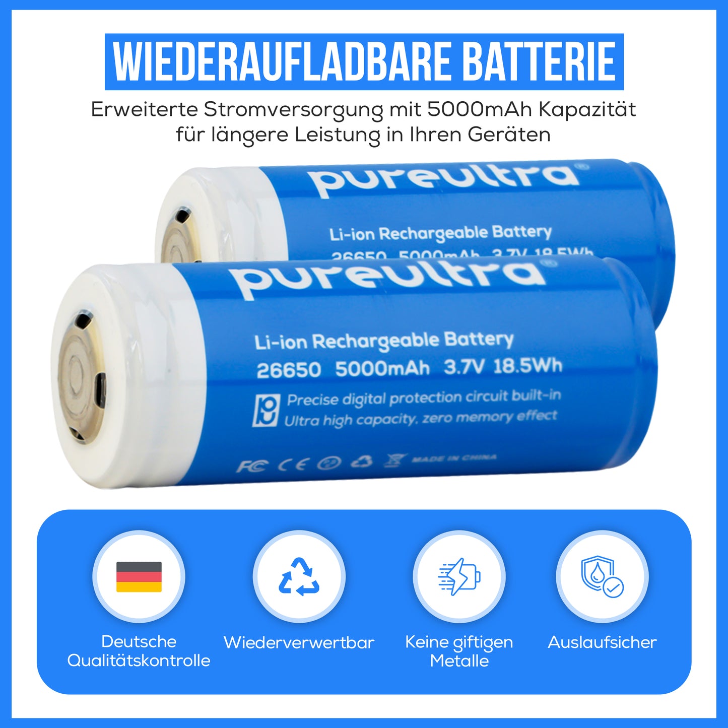 PureUltra 26650 Li-ion Akku – 5000mA | 3.7V | geschützt | wiederaufladbar