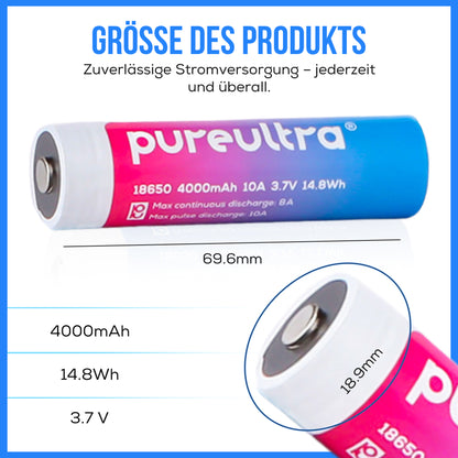 PureUltra 18650 Li-ion Akku – 10A | 4000mAh | 3.7V | geschützt | wiederaufladbar