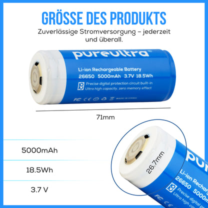 PureUltra 26650 Li-ion Akku – 5000mA | 3.7V | geschützt | wiederaufladbar