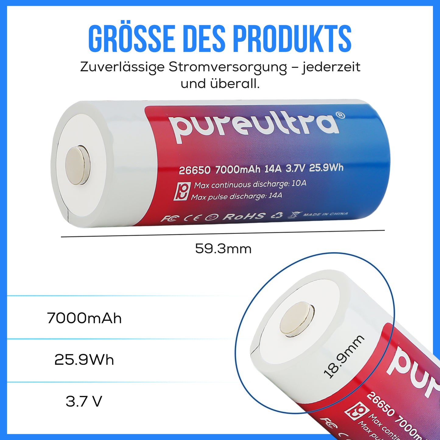 PureUltra 26650 Li-ion Akku 7000mAh | 14A | 3.7V | geschützt | wiederaufladbar
