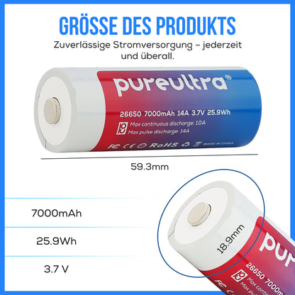 PureUltra 26650 Li-ion Akku 7000mAh | 14A | 3.7V | geschützt | wiederaufladbar