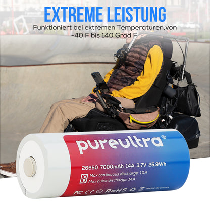 PureUltra 26650 Li-ion Akku 7000mAh | 14A | 3.7V | geschützt | wiederaufladbar
