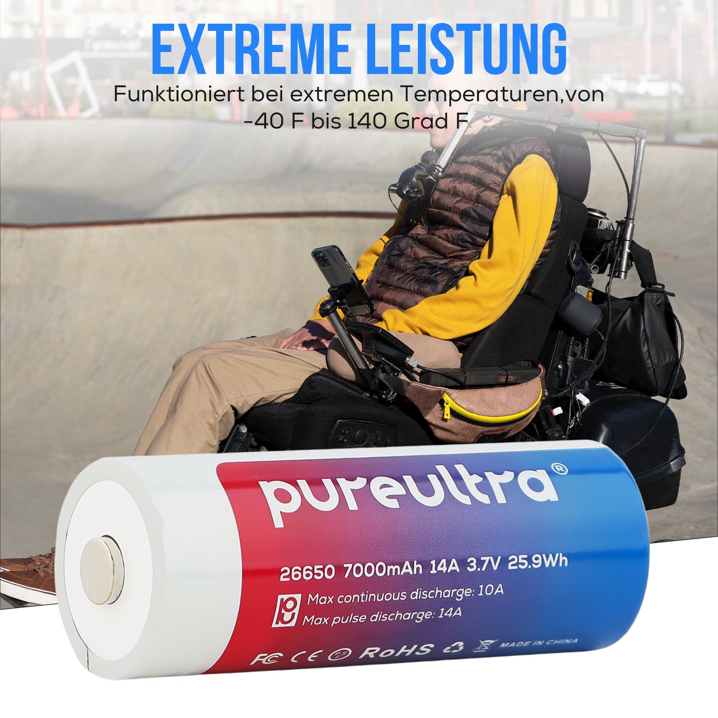 PureUltra 26650 Li-ion Akku 7000mAh | 14A | 3.7V | geschützt | wiederaufladbar