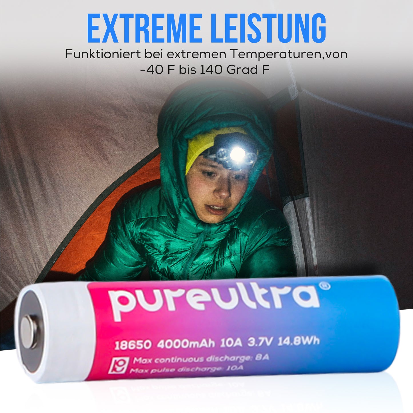 PureUltra 18650 Li-ion Akku – 10A | 4000mAh | 3.7V | geschützt | wiederaufladbar
