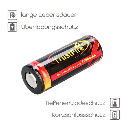 TrustFire 26650 Li-Ion Akku 5000mAh 3,7V 10A PCB-Geschützt Taschenlampe