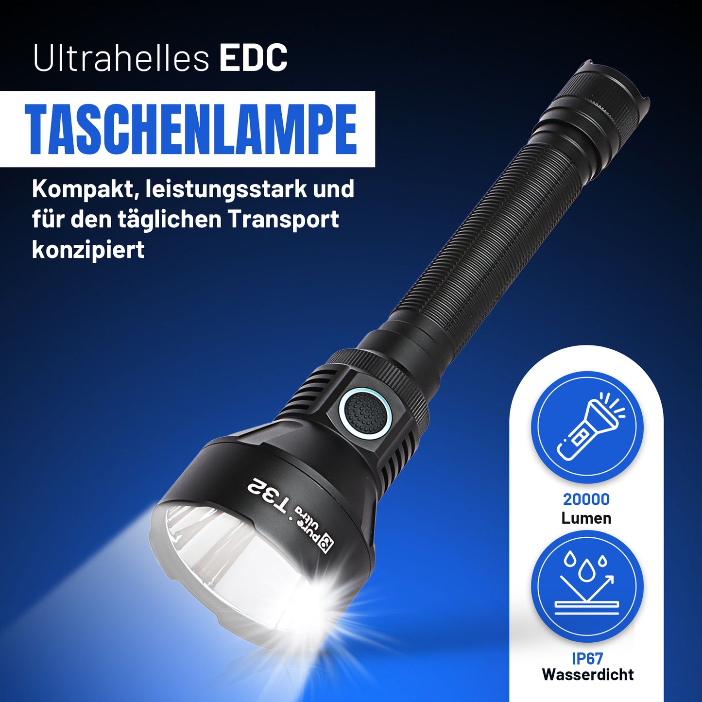 T32 Taschenlampe, 3.200 Lumen, 1.150 Meter Reichweite, Hochleistungs-LED, Wasserdicht & Robust für Outdoor- und Professionellen Einsatz