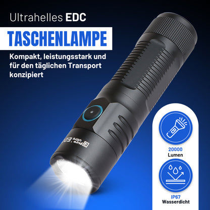 E20 LED Taschenlampe – 2000 Lumen, 300m Reichweite, USB-C Aufladung, IP67 Wasserdicht, 26650 Akku – Kompakte EDC Lampe für Outdoor, Camping & Notfälle