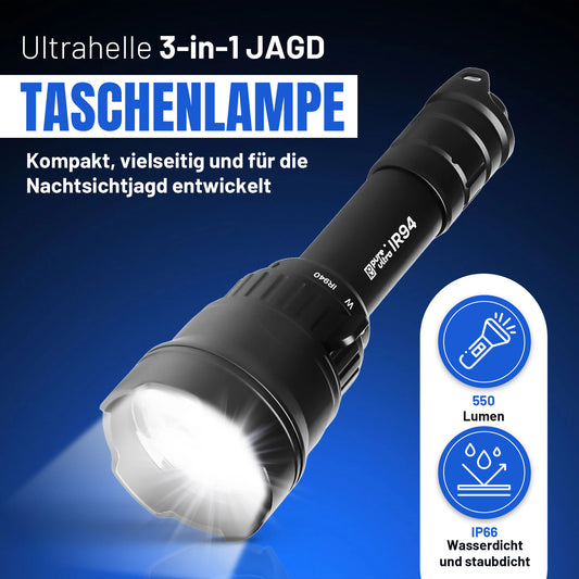 IR94 Infrarot Taschenlampe Set – 3in1 LED (IR940nm + Grün + Weiß) – dimmbar & zoombar – 550m Reichweite – mit 18650 Akku & Ladegerät – für Nachtsichtgerät & Tierbeobachtung