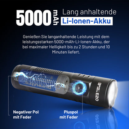 E20 LED Taschenlampe – 2000 Lumen, 300m Reichweite, USB-C Aufladung, IP67 Wasserdicht, 26650 Akku – Kompakte EDC Lampe für Outdoor, Camping & Notfälle