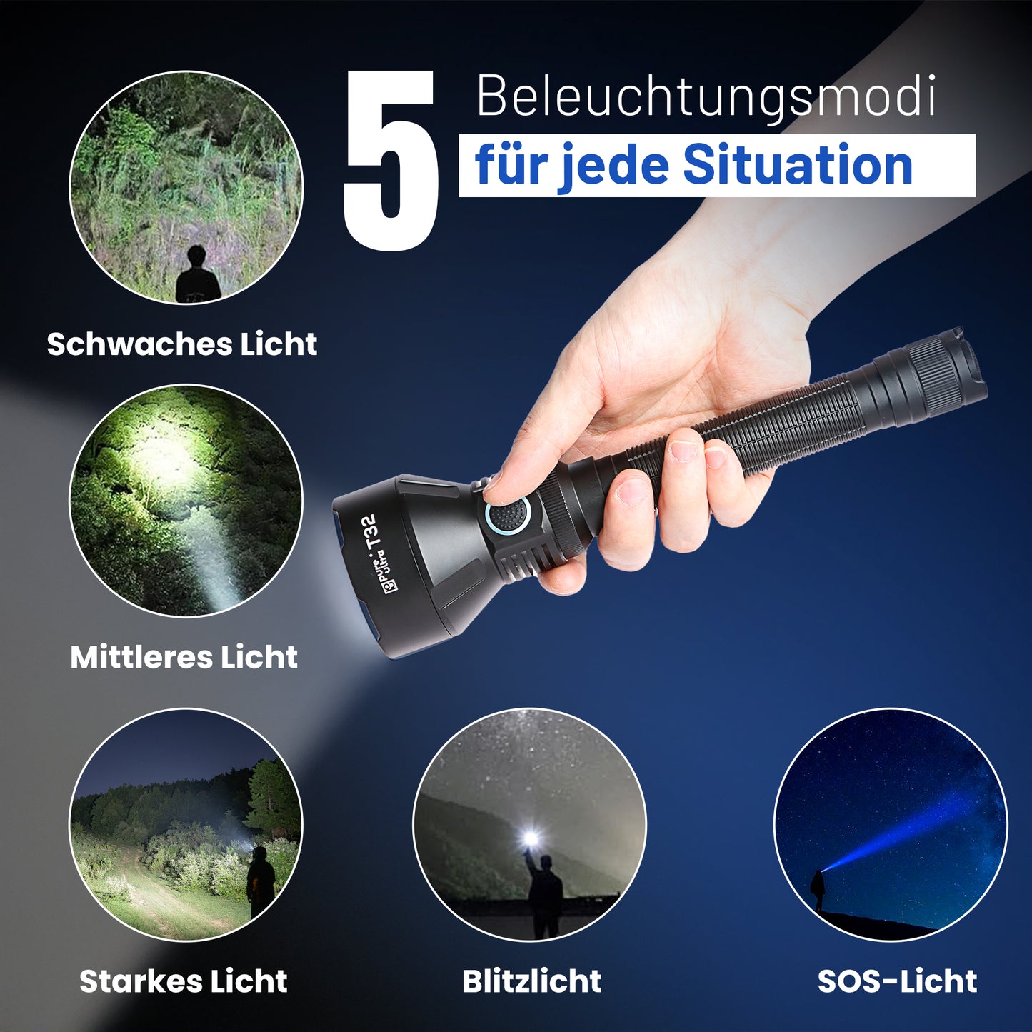 T32 Taschenlampe, 3.200 Lumen, 1.150 Meter Reichweite, Hochleistungs-LED, Wasserdicht & Robust für Outdoor- und Professionellen Einsatz
