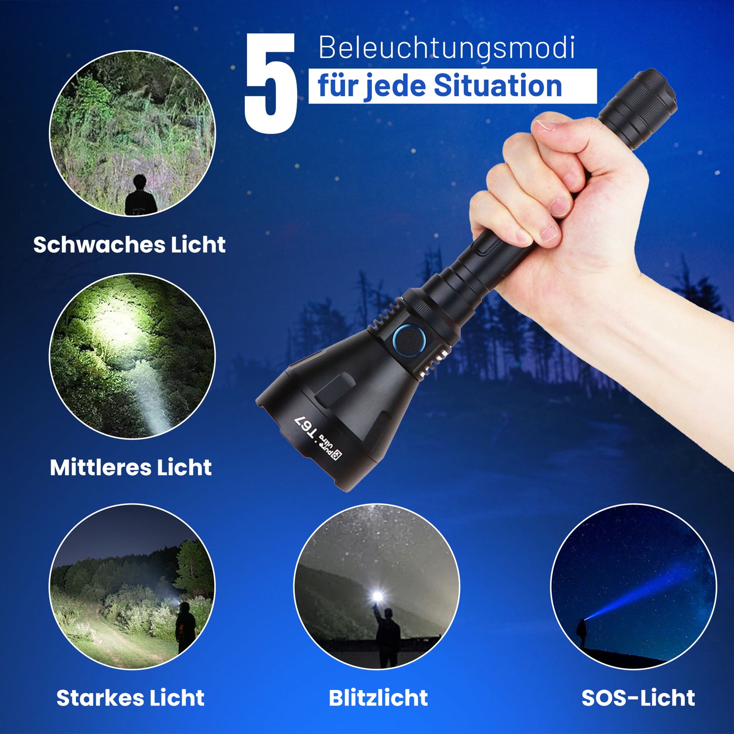 T67 LED Taschenlampe - Ultrahelle 6700 Lumen, 1400m Reichweite, USB-C Schnellladung, IP68 Wasserdicht, Robustes Design, Perfekt für Outdoor-Abenteuer