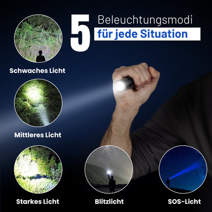 E20 LED Taschenlampe – 2000 Lumen, 300m Reichweite, USB-C Aufladung, IP67 Wasserdicht, 26650 Akku – Kompakte EDC Lampe für Outdoor, Camping & Notfälle