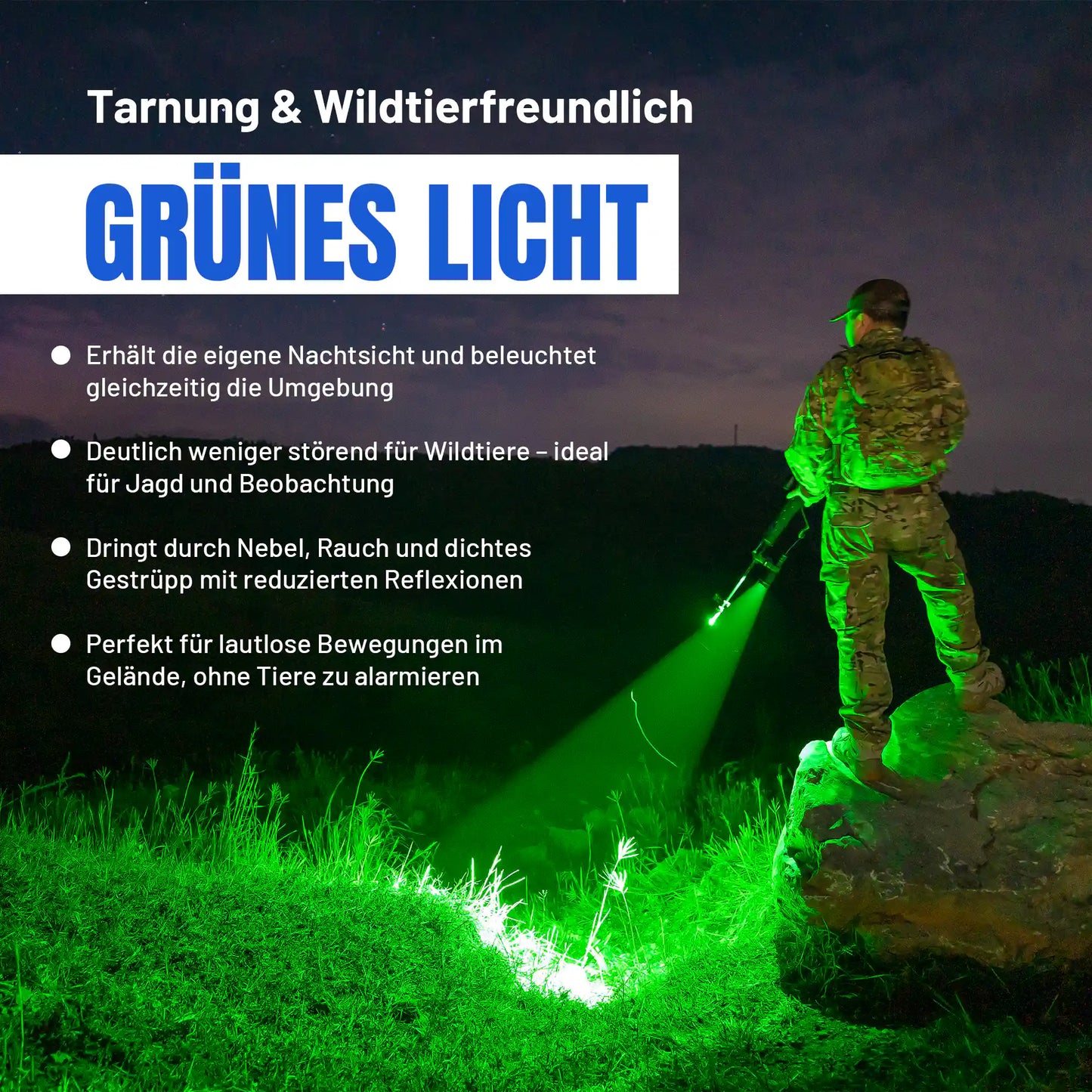 IR94 Infrarot Taschenlampe Set – 3in1 LED (IR940nm + Grün + Weiß) – dimmbar & zoombar – 550m Reichweite – mit 18650 Akku & Ladegerät – für Nachtsichtgerät & Tierbeobachtung