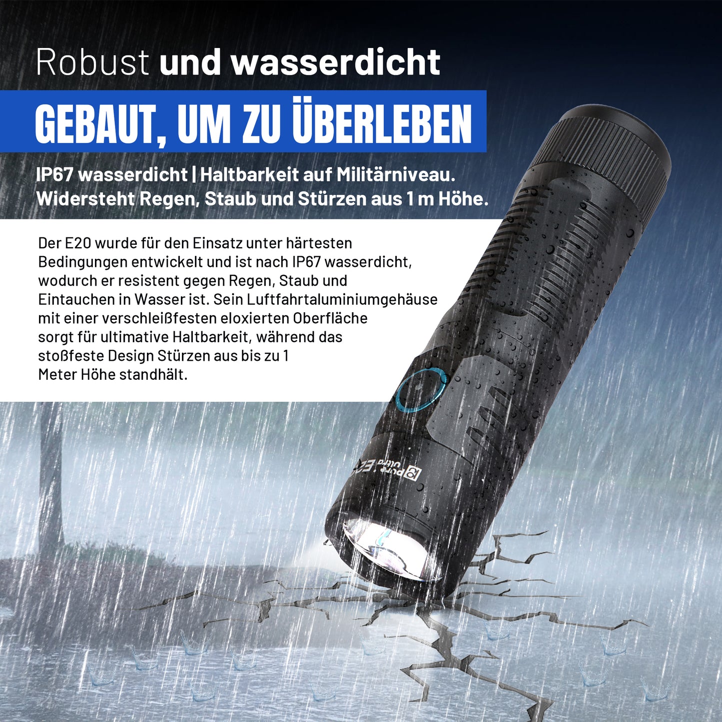 E20 LED Taschenlampe – 2000 Lumen, 300m Reichweite, USB-C Aufladung, IP67 Wasserdicht, 26650 Akku – Kompakte EDC Lampe für Outdoor, Camping & Notfälle