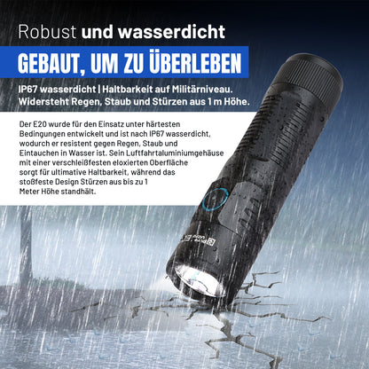 E20 LED Taschenlampe – 2000 Lumen, 300m Reichweite, USB-C Aufladung, IP67 Wasserdicht, 26650 Akku – Kompakte EDC Lampe für Outdoor, Camping & Notfälle