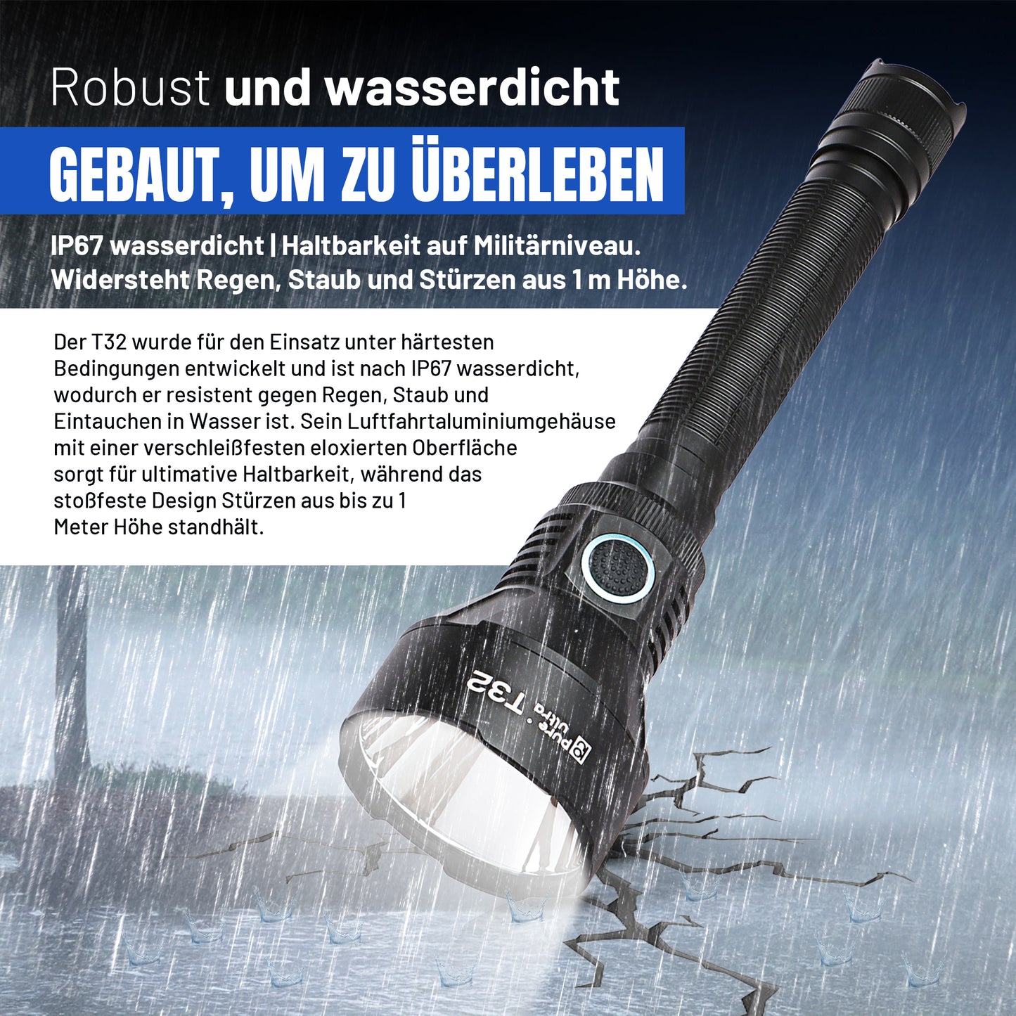 T32 Taschenlampe, 3.200 Lumen, 1.150 Meter Reichweite, Hochleistungs-LED, Wasserdicht & Robust für Outdoor- und Professionellen Einsatz