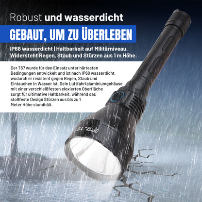 T67 LED Taschenlampe - Ultrahelle 6700 Lumen, 1400m Reichweite, USB-C Schnellladung, IP68 Wasserdicht, Robustes Design, Perfekt für Outdoor-Abenteuer