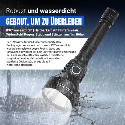 T32 Taschenlampe, 3.200 Lumen, 1.150 Meter Reichweite, Hochleistungs-LED, Wasserdicht & Robust für Outdoor- und Professionellen Einsatz