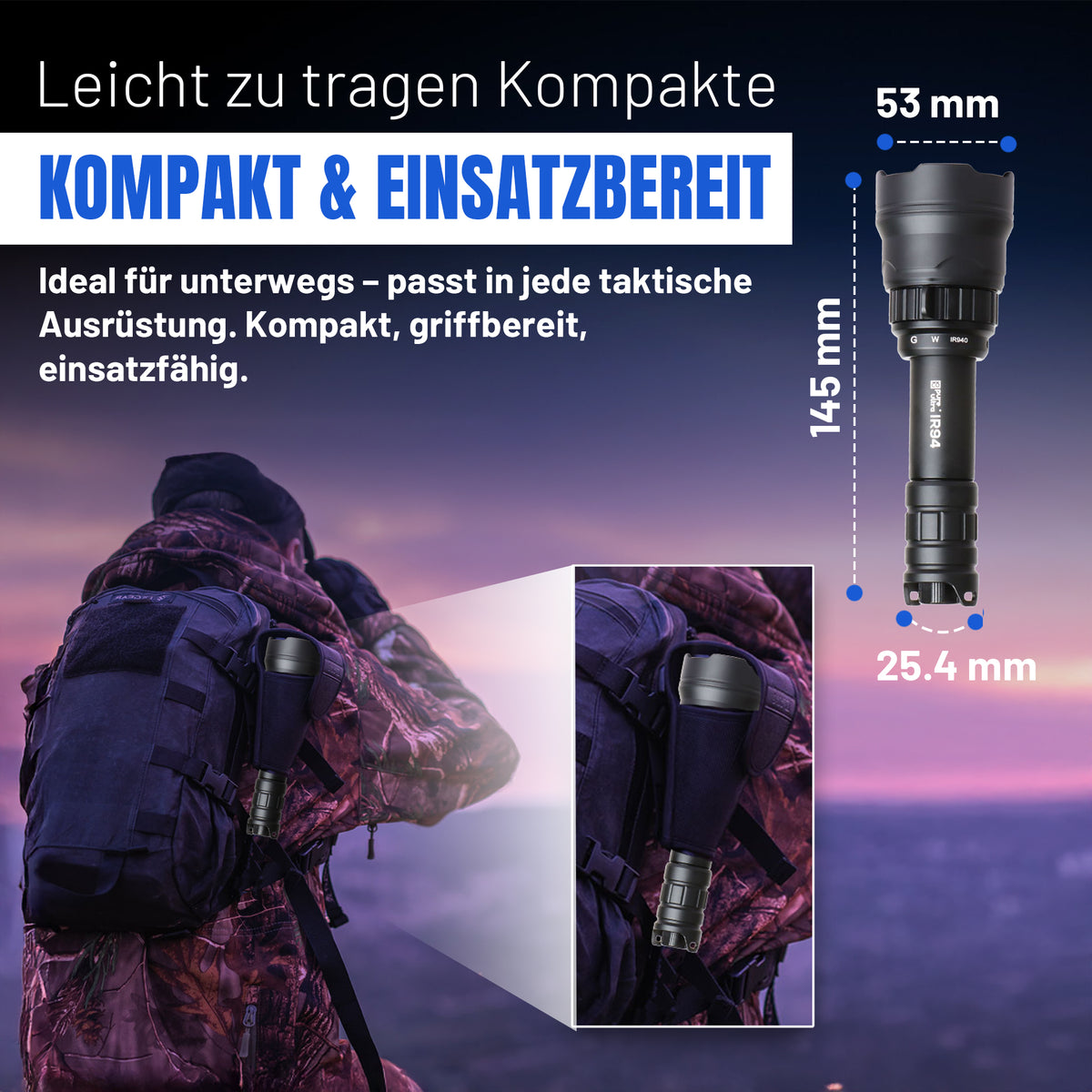 IR94 Infrarot Taschenlampe Set – 3in1 LED (IR940nm + Grün + Weiß) – dimmbar & zoombar – 550m Reichweite – mit 18650 Akku & Ladegerät – für Nachtsichtgerät & Tierbeobachtung