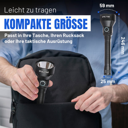 T32 Taschenlampe, 3.200 Lumen, 1.150 Meter Reichweite, Hochleistungs-LED, Wasserdicht & Robust für Outdoor- und Professionellen Einsatz