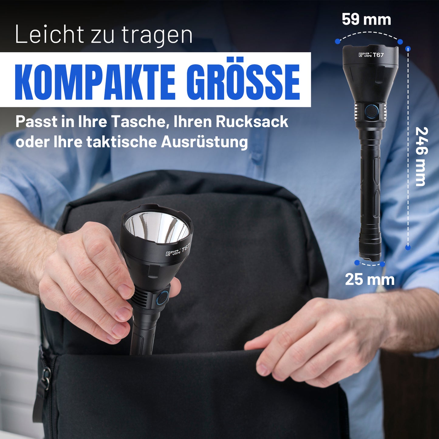 T67 LED Taschenlampe - Ultrahelle 6700 Lumen, 1400m Reichweite, USB-C Schnellladung, IP68 Wasserdicht, Robustes Design, Perfekt für Outdoor-Abenteuer