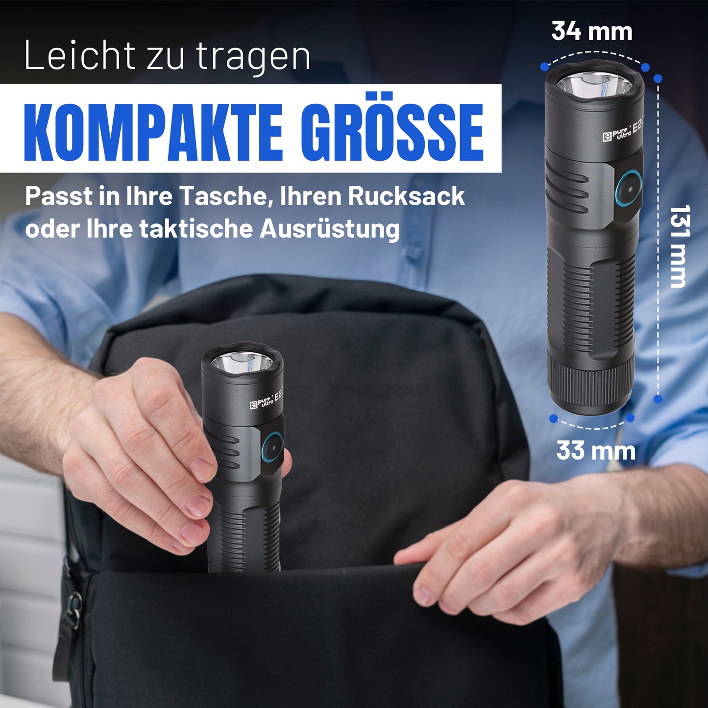 E20 LED Taschenlampe – 2000 Lumen, 300m Reichweite, USB-C Aufladung, IP67 Wasserdicht, 26650 Akku – Kompakte EDC Lampe für Outdoor, Camping & Notfälle