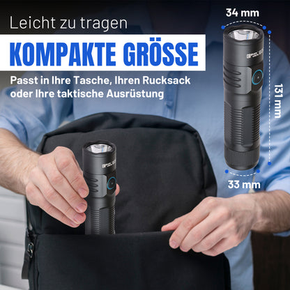 E20 LED Taschenlampe – 2000 Lumen, 300m Reichweite, USB-C Aufladung, IP67 Wasserdicht, 26650 Akku – Kompakte EDC Lampe für Outdoor, Camping & Notfälle