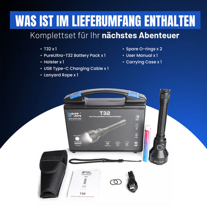 T32 Taschenlampe, 3.200 Lumen, 1.150 Meter Reichweite, Hochleistungs-LED, Wasserdicht & Robust für Outdoor- und Professionellen Einsatz