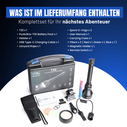 T32 Taschenlampe, 3.200 Lumen, 1.150 Meter Reichweite, Hochleistungs-LED, Wasserdicht & Robust für Outdoor- und Professionellen Einsatz