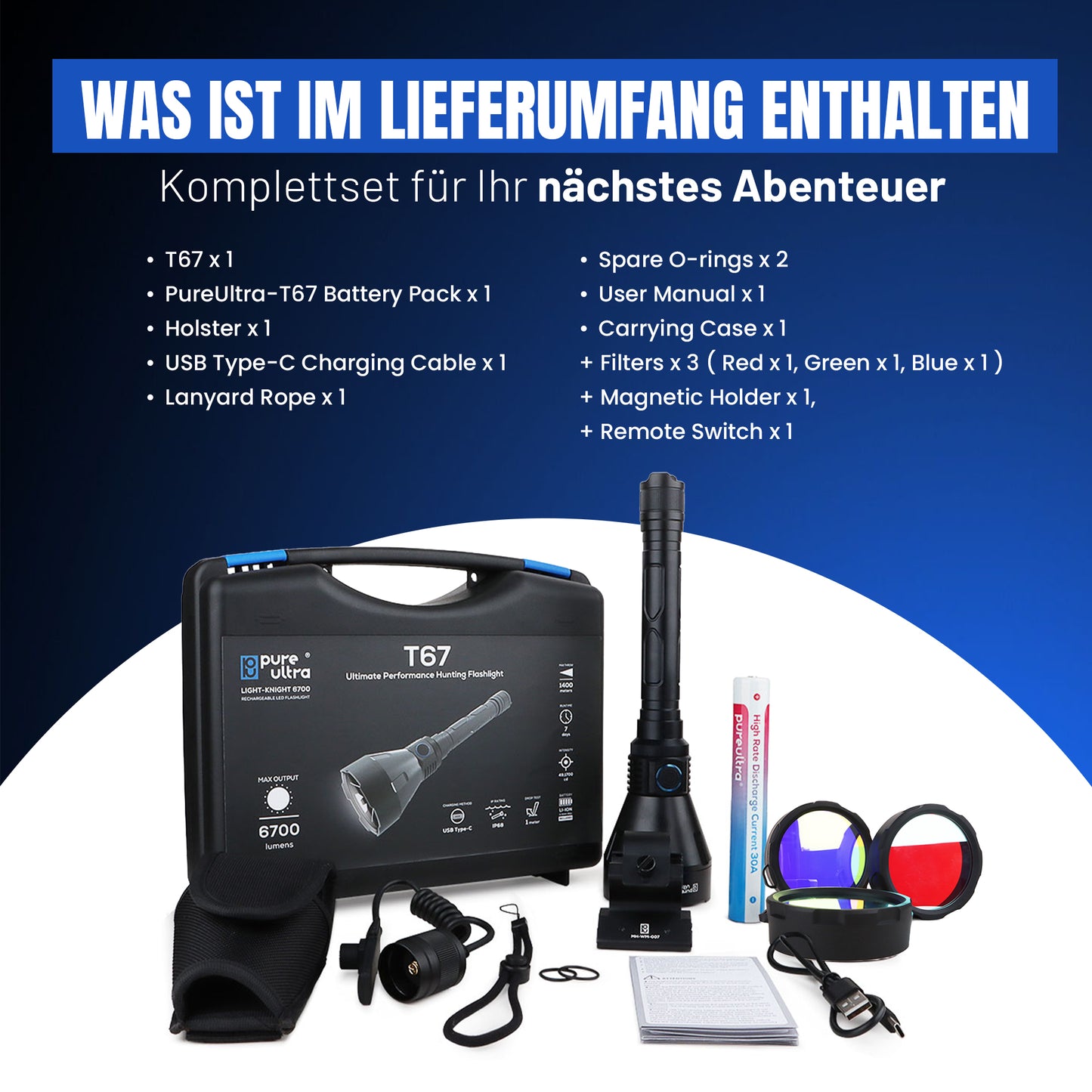T67 LED Taschenlampe - Ultrahelle 6700 Lumen, 1400m Reichweite, USB-C Schnellladung, IP68 Wasserdicht, Robustes Design, Perfekt für Outdoor-Abenteuer