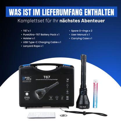 T67 LED Taschenlampe - Ultrahelle 6700 Lumen, 1400m Reichweite, USB-C Schnellladung, IP68 Wasserdicht, Robustes Design, Perfekt für Outdoor-Abenteuer