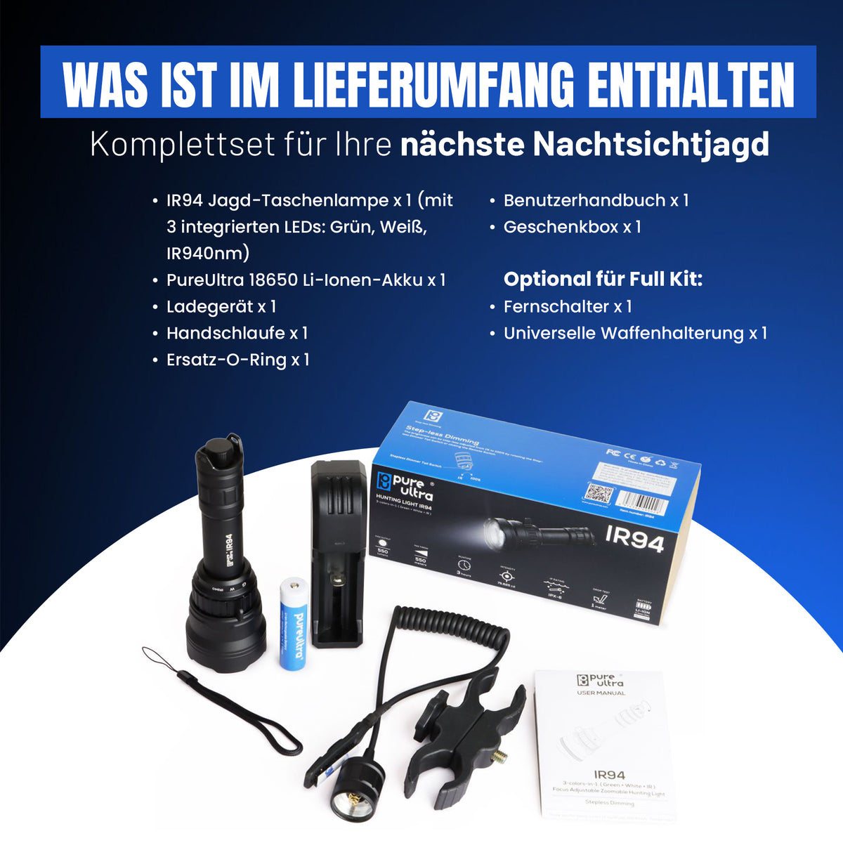 IR94 Infrarot Taschenlampe Set – 3in1 LED (IR940nm + Grün + Weiß) – dimmbar & zoombar – 550m Reichweite – mit 18650 Akku & Ladegerät – für Nachtsichtgerät & Tierbeobachtung
