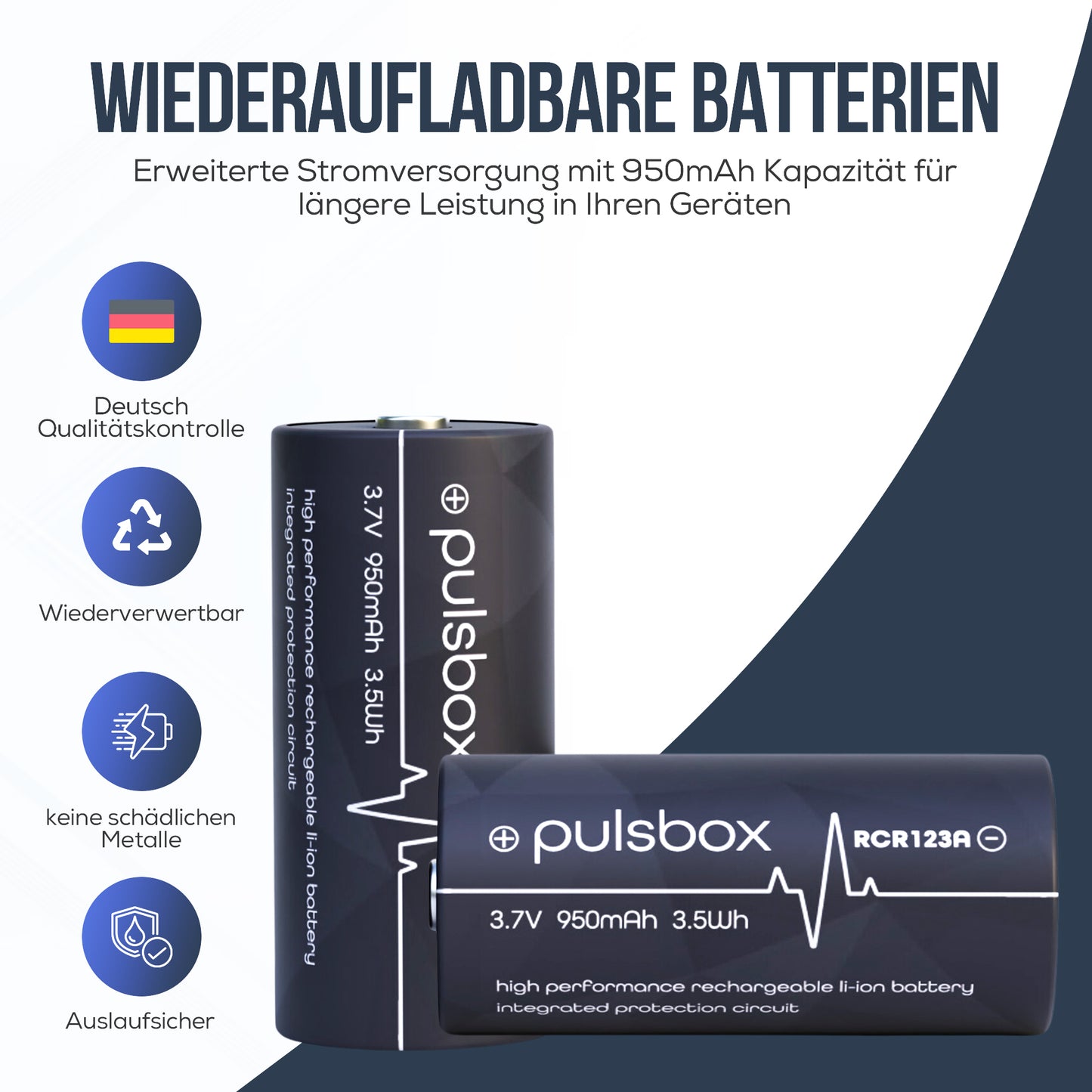 pulsbox 16340 | RCR123A | Li-Ion Akku 3,7V | PCB-Geschützt | 950mAh