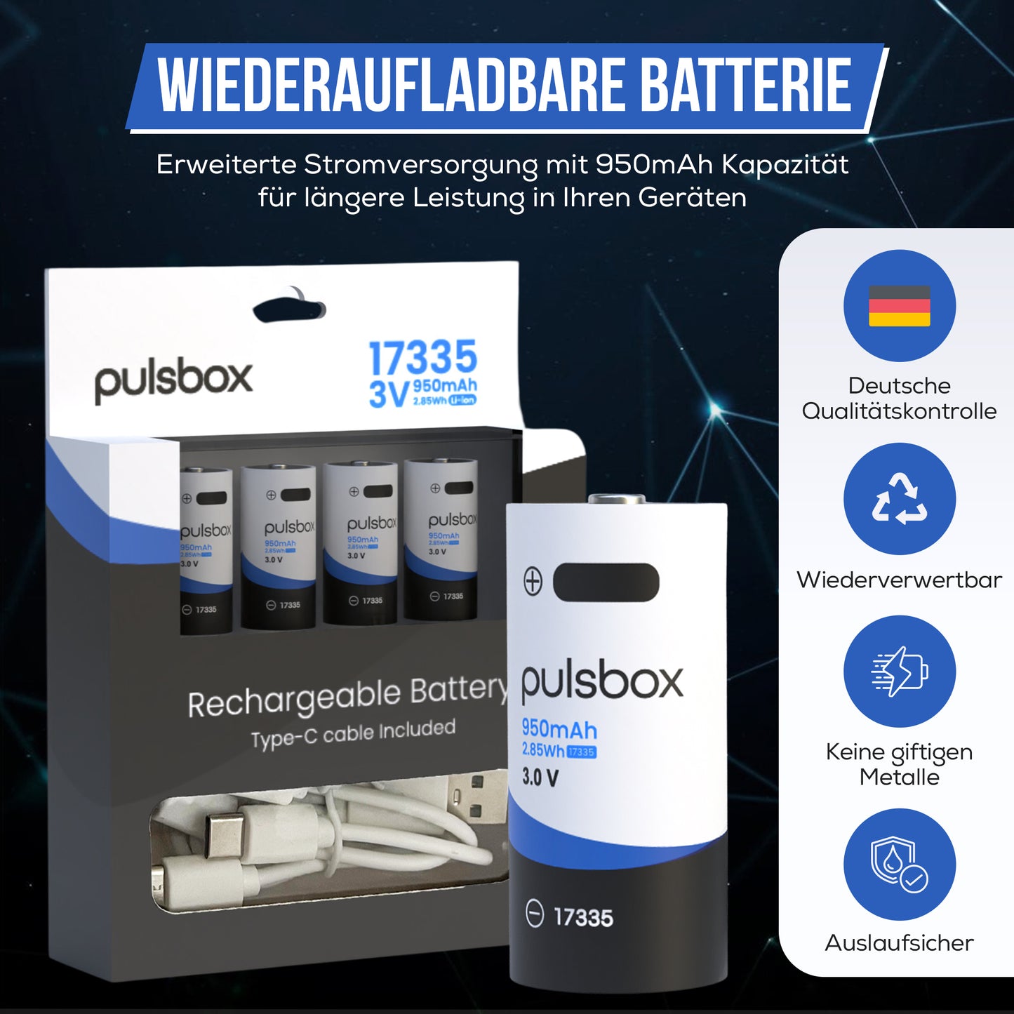 RCR123A CR123A 17335 Li-Ion Akku 3.0V | 3.7V 950mAh | USB-C wiederaufladbar | integrierter Schutz
