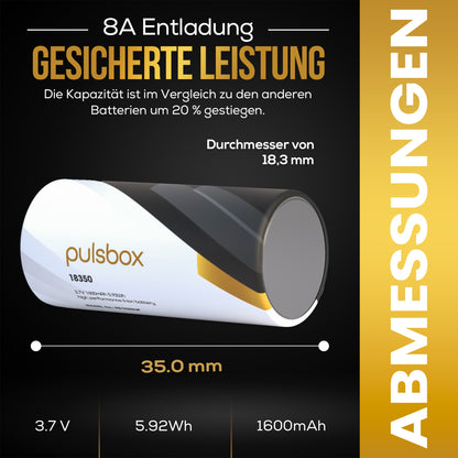 18350 Li-Ion Akku 3,7V | Flat Top/Button Top | 1600mAh | 8A (2 x Akku)