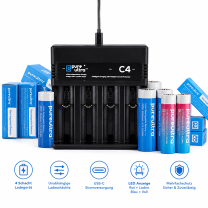 PureUltra C4 Ladegerät für 4x Li-Ion Akkus | 4-Schacht USB Akkuladegerät