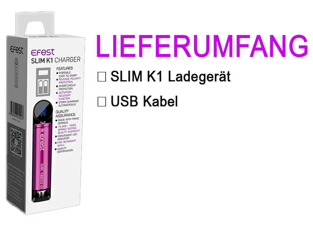 EFEST SLIM K1 Li-Ion Ladegerät – 1-Schacht USB Charger für 18650, 21700, 26650 Akkus – Kompakt & sicher – mit Verpolungsschutz & LED-Anzeige