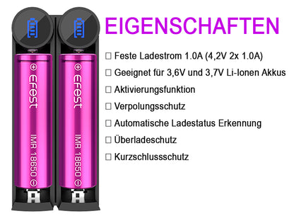 EFEST SLIM K2 Li-Ion Ladegerät – 2-Schacht USB Charger für 18650, 21700, 26650 Akkus – Schnellladefunktion & Verpolungsschutz