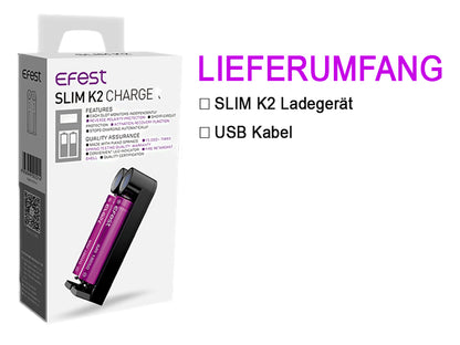 EFEST SLIM K2 Li-Ion Ladegerät – 2-Schacht USB Charger für 18650, 21700, 26650 Akkus – Schnellladefunktion & Verpolungsschutz