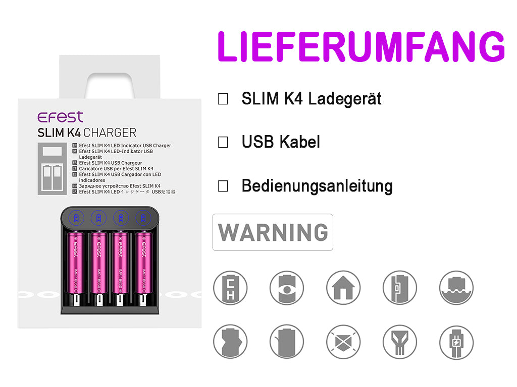 EFEST SLIM K4 Li-Ion Ladegerät – 4-fach Schnelllader mit USB-C, Schutzfunktionen & Auto-Erkennung