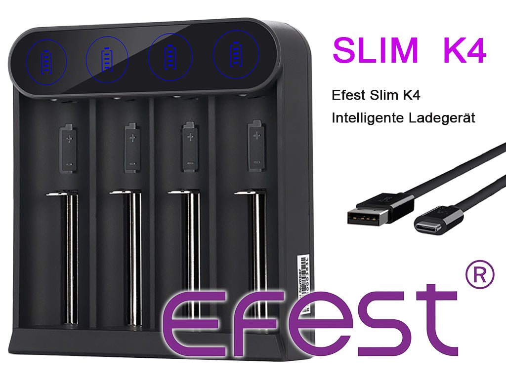 EFEST SLIM K4 Li-Ion Ladegerät – 4-fach Schnelllader mit USB-C, Schutzfunktionen & Auto-Erkennung