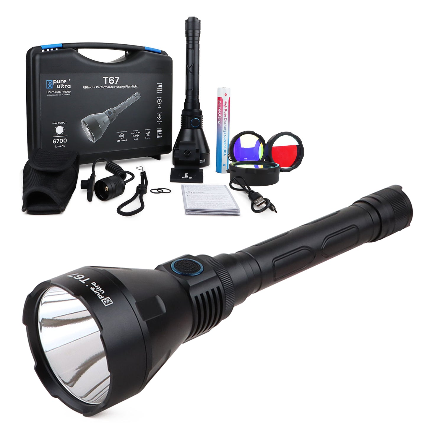 T67 LED Taschenlampe - Ultrahelle 6700 Lumen, 1400m Reichweite, USB-C Schnellladung, IP68 Wasserdicht, Robustes Design, Perfekt für Outdoor-Abenteuer