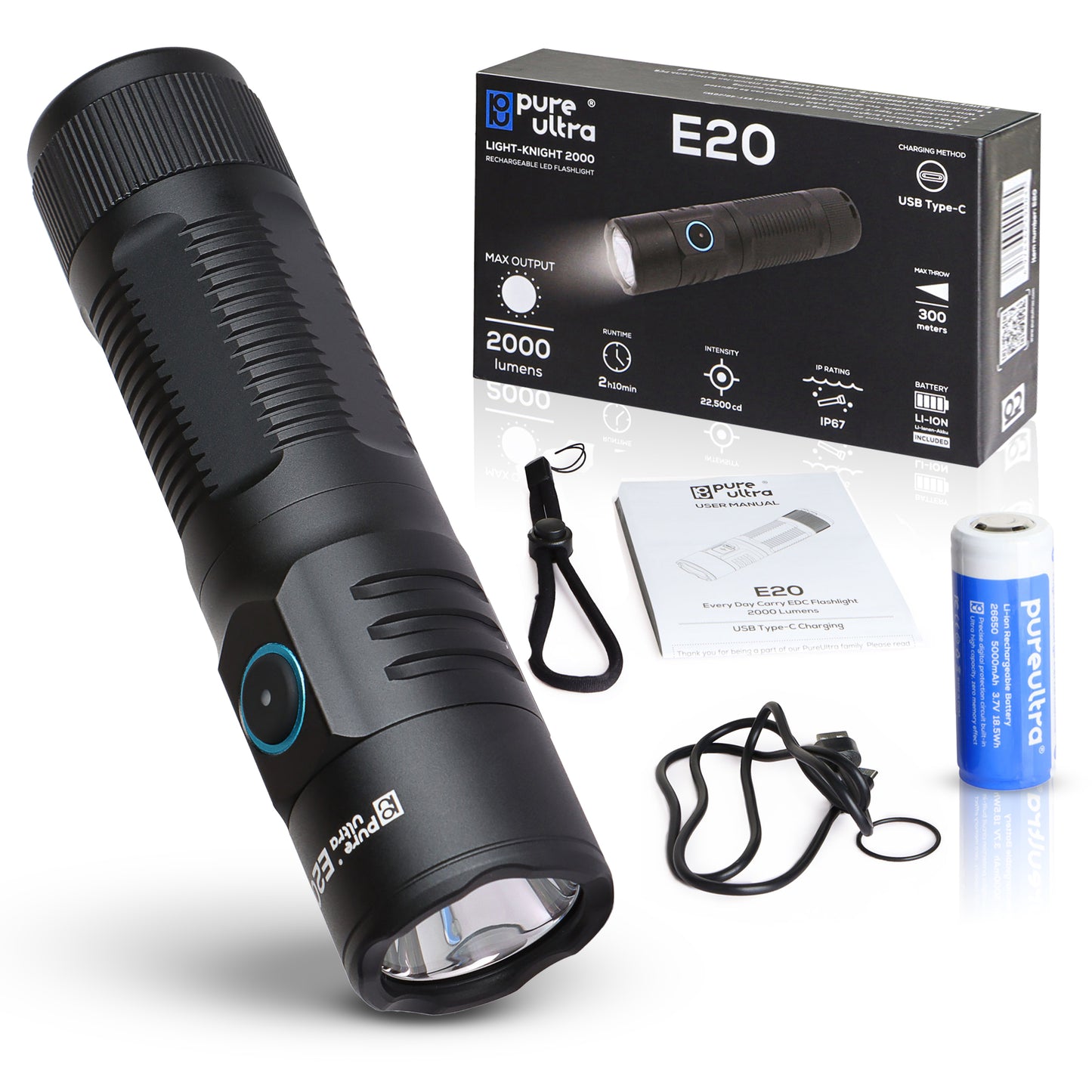 E20 LED Taschenlampe – 2000 Lumen, 300m Reichweite, USB-C Aufladung, IP67 Wasserdicht, 26650 Akku – Kompakte EDC Lampe für Outdoor, Camping & Notfälle